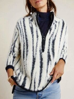Anthropologie Cindy Fuzzy Zebra Print Half-Zip Pullover Sweater size small